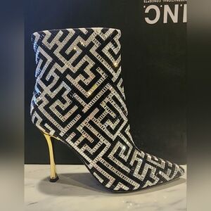 INC Rakima Maze Black and Silver Embellished Gold Heeled Booties, Size 7